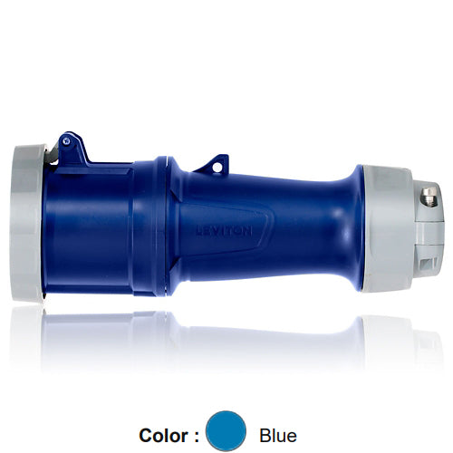 Leviton 560C9WLEV, LEV Series North American-Rated IEC 60309-1 & 60309-2 Pin & Sleeve Connector with Standard Clamp, Industrial Grade, 3-Phase, 60/63A 120/208V, 4-Pole, 5-Wire, IP66/IP67/IP68/IP69K, Watertight, Blue