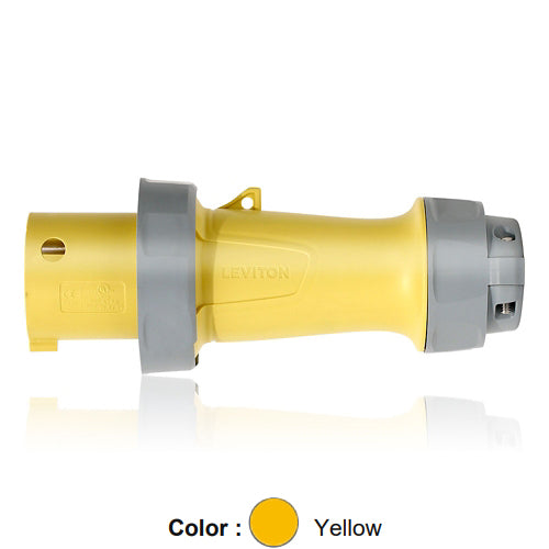 Leviton 3100P4WLEV, LEV Series North American-Rated IEC 60309-1 & 60309-2 Pin & Sleeve Plug, Industrial Grade, 100A 125V, 2-Pole, 3-Wire, IP66/IP67/IP68/IP69K, Watertight, Yellow