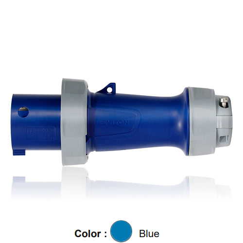 Leviton 560P9WLEV, LEV Series North American-Rated IEC 60309-1 & 60309-2 Pin & Sleeve Plug with Standard Clamp, Industrial Grade, 3-Phase, 60/63A 120/208V, 4-Pole, 5-Wire, IP66/IP67/IP68/IP69K, Watertight, Blue