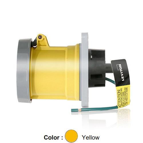 Leviton 360R4WLEV, LEV Series North American-Rated IEC 60309-1 & 60309-2 Pin & Sleeve Receptacle, Industrial Grade, 60A 125V, 2-Pole, 3-Wire, IP66/IP67/IP68/IP69K, Watertight, Yellow