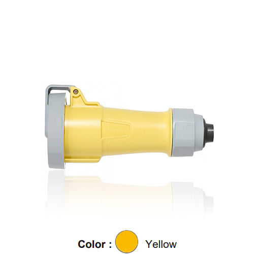 Leviton 320C4WLEVA, LEV Series North American-Rated IEC 60309-1 & 60309-2 Pin & Sleeve Connector with Alternate Screwless Clamp, Industrial Grade, 20A 125V, 2-Pole, 3-Wire, IP66/IP67/IP68/IP69K, Watertight, Yellow