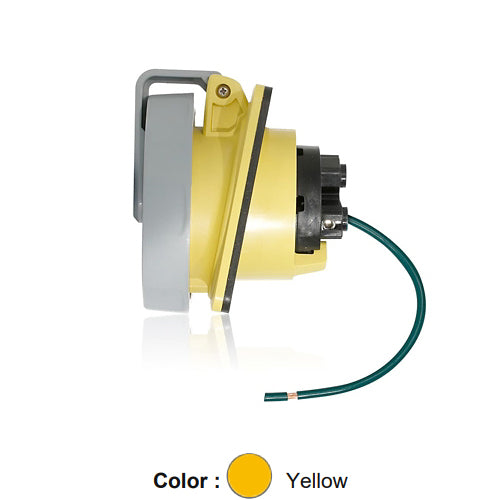 Leviton 320R4WLEV, LEV Series North American-Rated IEC 60309-1 & 60309-2 Pin & Sleeve Receptacle, Industrial Grade, 20A 125V, 2-Pole, 3-Wire, IP66/IP67/IP68/IP69K, Watertight, Yellow