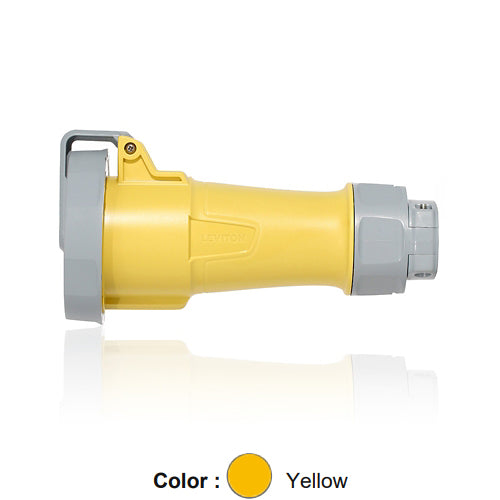 Leviton 330C4WLEV, LEV Series North American-Rated IEC 60309-1 & 60309-2 Pin & Sleeve Connector with Standard Clamp, Industrial Grade, 30A 125V, 2-Pole, 3-Wire, IP66/IP67/IP68/IP69K, Watertight, Yellow