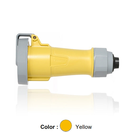 Leviton 330C4WLEVA, LEV Series North American-Rated IEC 60309-1 & 60309-2 Pin & Sleeve Connector with Alternate Screwless Clamp, Industrial Grade, 30A 125V, 2-Pole, 3-Wire, IP66/IP67/IP68/IP69K, Watertight, Yellow