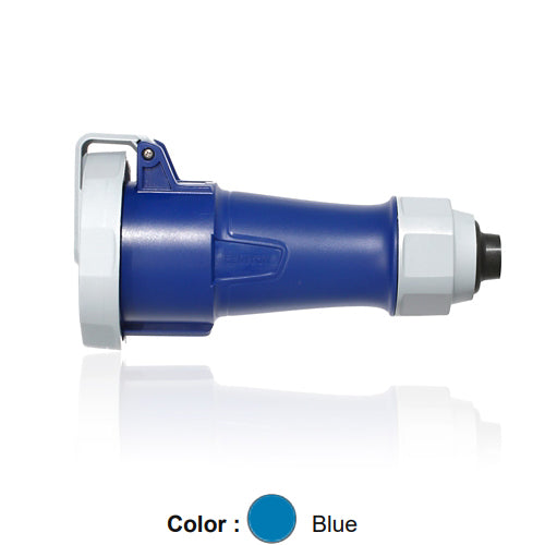 Leviton 330C6WLEVA, LEV Series North American-Rated IEC 60309-1 & 60309-2 Pin & Sleeve Connector with Alternate Screwless Clamp, Industrial Grade, 30/32A 250V, 2-Pole, 3-Wire, IP66/IP67/IP68/IP69K, Watertight, Blue