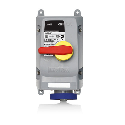 Leviton 330MI6WLEV, LEV Series North American-Rated IEC 60309-1 & 60309-2 Pin & Sleeve Mechanical Interlock, Industrial Grade, 30A 240V, 2-Pole, 3-Wire, IP66/IP67/IP68/IP69K, Watertight, Non-Fused, Blue