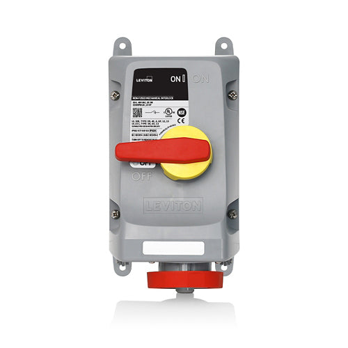 Leviton 330MI7WLEV, LEV Series North American-Rated IEC 60309-1 & 60309-2 Pin & Sleeve Mechanical Interlock, Industrial Grade, 30A 480V, 2-Pole, 3-Wire, IP66/IP67/IP68/IP69K, Watertight, Non-Fused, Red