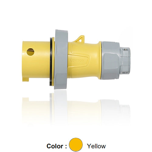 Leviton 330P4WLEV, LEV Series North American-Rated IEC 60309-1 & 60309-2 Pin & Sleeve Plug with Standard Clamp, Industrial Grade, 30A 125V, 2-Pole, 3-Wire, IP66/IP67/IP68/IP69K, Watertight, Yellow