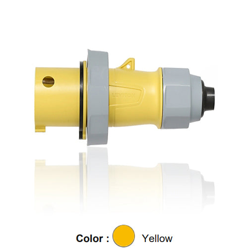 Leviton 330P4WLEVA, LEV Series North American-Rated IEC 60309-1 & 60309-2 Pin & Sleeve Plug with Alternate Screwless Clamp, Industrial Grade, 30A 125V, 2-Pole, 3-Wire, IP66/IP67/IP68/IP69K, Watertight, Yellow