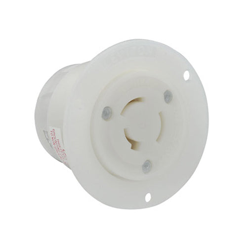 Leviton 3326-C, Flanged Outlet Locking Receptacle, Industrial Grade, 20A 125/250V, Non-NEMA, 3-Pole, 3-Wire, Non-Grounding, White