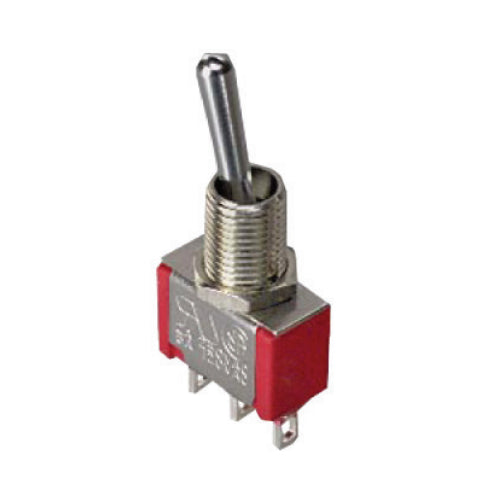 Techspan 35-008, Miniature Toggle Switch, (On)-Off-(On) Circuit, Single Pole/Double Throw (SPDT), 5A, Bat Actuator, Solder Terminal