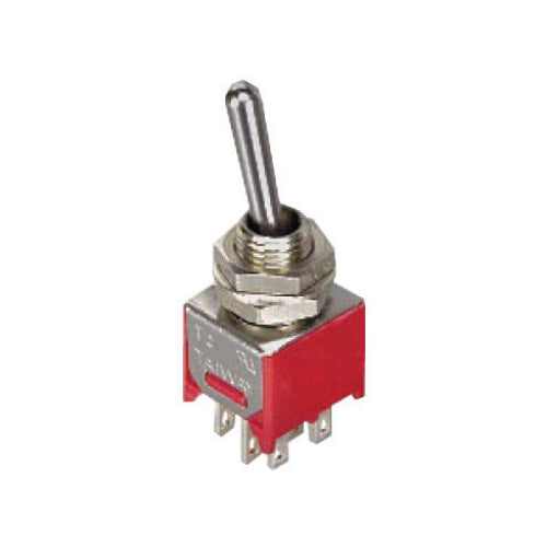 Techspan 35-002, Sub-Miniature Toggle Switch, On-On Circuit, Double Pole/Double Throw (DPDT), 3A, Bat Actuator, Solder Terminal