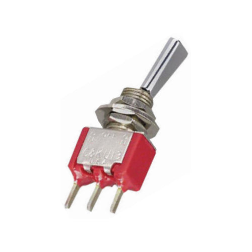 Techspan 35-053, Miniature Toggle Switch, On-On Circuit, Single Pole/Double Throw (SPDT), 5A, Flat Lever Actuator, Printed Circuit Board Terminal