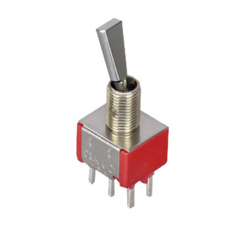 Techspan 35-057, Miniature Toggle Switch, On-On Circuit, Double Pole/Double Throw (DPDT), 5A, Flat Lever Actuator, Printed Circuit Board Terminal
