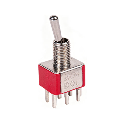 Techspan 35-079, Miniature Toggle Switch, On-On Circuit, Double Pole/Double Throw (DPDT), 5A, Bat Actuator, Printed Circuit Board Terminal