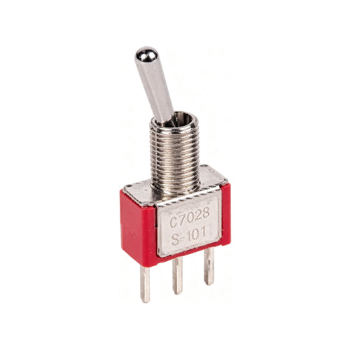 Techspan 35-087, Miniature Toggle Switch, On-On Circuit, Single Pole/Double Throw (SPDT), 5A, Bat Actuator, Printed Circuit Board Terminal