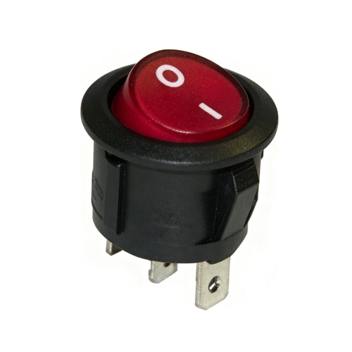 Techspan 35-1300, Round Rocker Switch, On-Off Circuit, Single Pole/Single Throw (SPST), 10A, Red (Lighted) Actuator, White Imprinting amd "O" Marking, Quick Connect Terminal