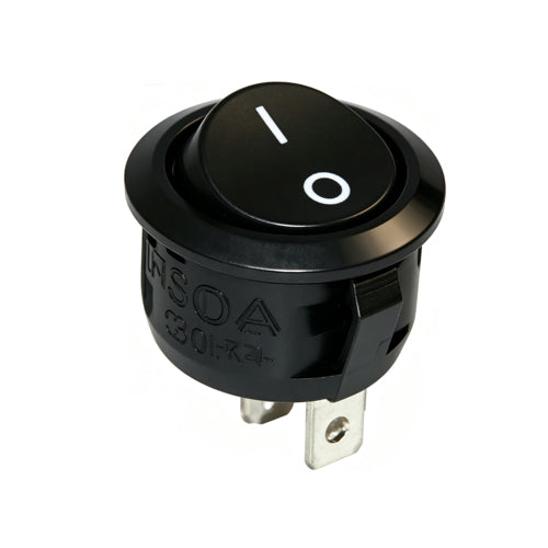 Techspan 35-1302, Round Rocker Switch, On-Off Circuit, Single Pole/Single Throw (SPST), 10A, Black Actuator, White Imprinting and "O" Marking, Quick Connect Terminal