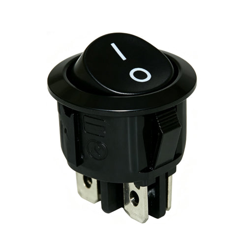 Techspan 35-1304, Round Rocker Switch, On-Off Circuit, Double Pole/Single Throw (DPST), 10A, Black Actuator, White Imprinting and "O" Marking, Quick Connect Terminal