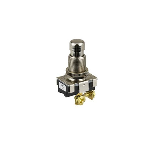 Techspan 35-3429, Standard Push Button Switch, On-(Off) Circuit, Normally Closed (NC), Single Pole/Single Throw (SPST), 15A, Chrome Metal Actuator, Screw Terminal