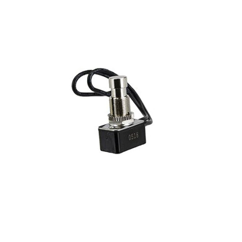 Techspan 35-3454, Standard Push Button Switch, On-Off Circuit, Single Pole/Single Throw (SPST), Alternate Action, 10A, Chrome Metal Actuator, 6'' Wire Lead Terminal