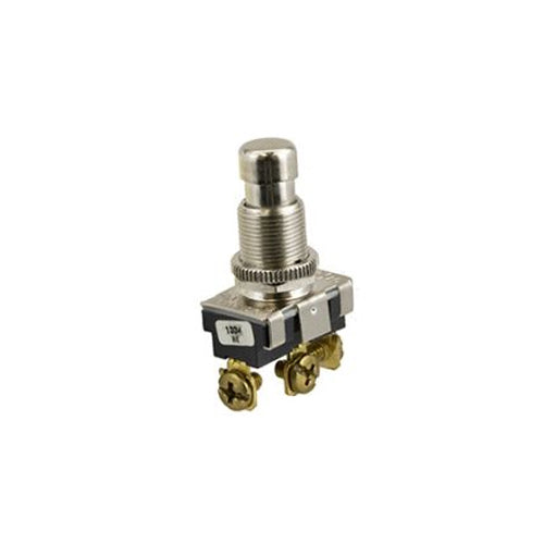 Techspan 35-3490, Standard Push Button Switch, On-On Circuit, Single Pole/Double Throw (SPDT), 15A, Chrome Metal Actuator, Screw Terminal