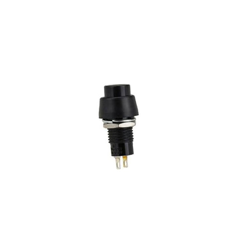 Techspan 35-411, Mini Push Button Switch, Off-(On) Circuit, Normally Open (NO), Single Pole/Single Throw (SPST), 3A, Black Round Button Actuator, Solder Eyelet Terminal