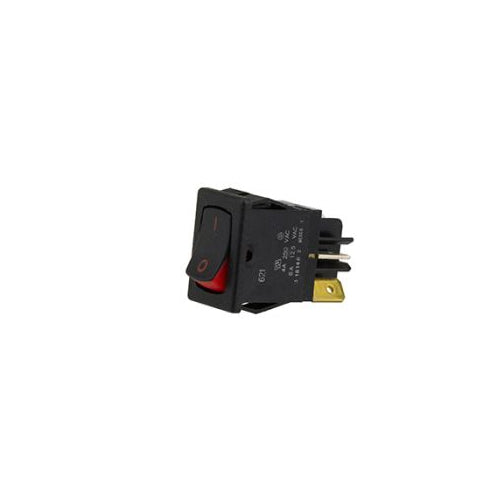 Techspan 35-605, Miniature Rocker Switch, On-Off Circuit, Single Pole/Single Throw (SPST), 8A, Black/Red Indicating Actuator, Red Imprinting, Quick Connect Terminal