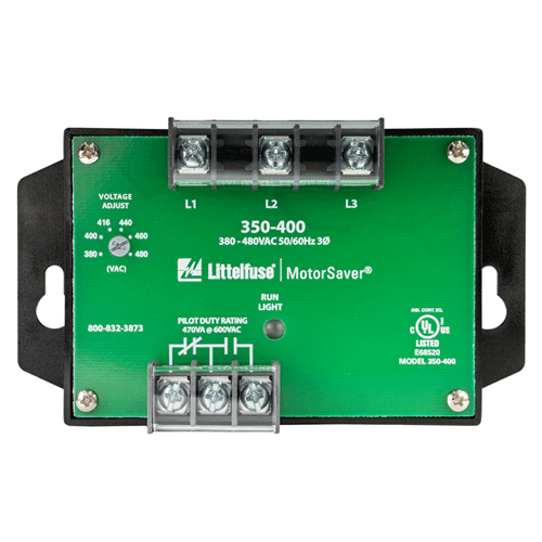Littelfuse 350400, 350 Series, 3-phase voltage/phase monitor, Voltage Asymmetry, Voltage Sensing AC 380 ~ 480VAC, SPDT (1 Form C)
