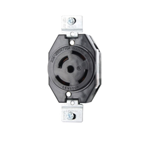 Leviton 3520, Flush Mount Locking Receptacle, Industrial Grade, 20/10 Amp, 250VDC/600VAC, Non-NEMA, 4-Pole, 5-Wire, Grounding, Black