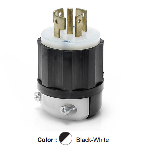 Leviton 3521-C, Locking Plug, Industrial Grade, 20/10A 250VDC/600VAC, Non-NEMA, 4-Pole, 5-Wire, Grounding, Black/White