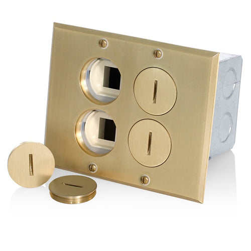 Leviton 35349-TLB, 2-Gang Low Voltage Floor Box Receptacle Assembly, 20A 125V, NEMA 5-20R, 2-Pole, 3-Wire, 1 Duplex Receptacle & 1 QuickPort Insert, Tamper-Resistant, Straight Blade, Commercial Grade, Brass-Finish Plate, Ivory Receptacle