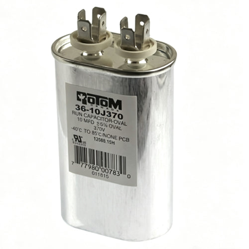 Rotom 36-10J370, 12008, Oval Run Capacitor, 10 MFD, 370 Volt, 2.03'' W x 1.24'' D x 2.76'' H