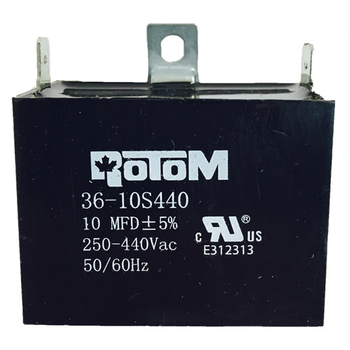 Rotom 36-10S440, Square Run Capacitor, 10 MFD, 250-440 Volt, 50/60 Hz, 2.28'' W x 1.18'' D x 1.73'' H, Plastic Case