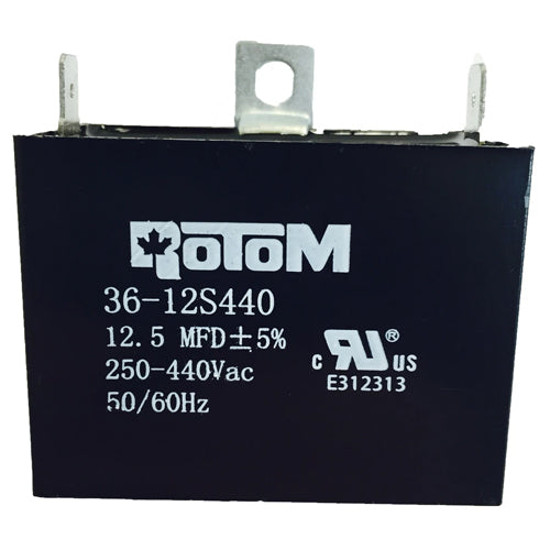 Rotom 36-12.5S440, Square Run Capacitor, 12.5 MFD, 250-440 Volt, 50/60 Hz, 2.28'' W x 1.18'' D x 1.73'' H, Plastic Case