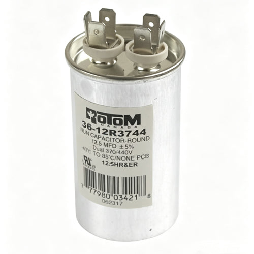 Rotom 36-12R3744, Round Run Capacitor, 12.5 MFD, 370/440 Volt, 1.65'' Diameter, 2.78'' Height