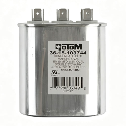 Rotom 36-15-103744, 12058, Oval Run Capacitor, 15/10 MFD, 370/440 Volt, 2.8'' W x 1.77'' D x 2.56'' H