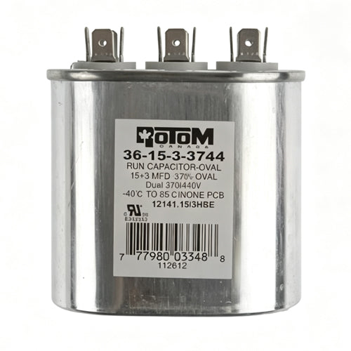 Rotom 36-15-3-3744, 12141, Oval Run Capacitor, 15/3 MFD, 370/440 Volt, 2.8'' W x 1.77'' D x 2.56'' H