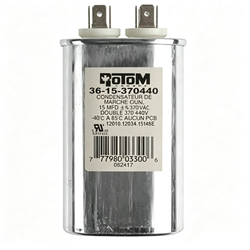 Rotom 36-15-370440, 12010, 12034, Oval Run Capacitor, 15 MFD, 370/440 Volt, 2.03'' W x 1.24'' D x 3.15'' H
