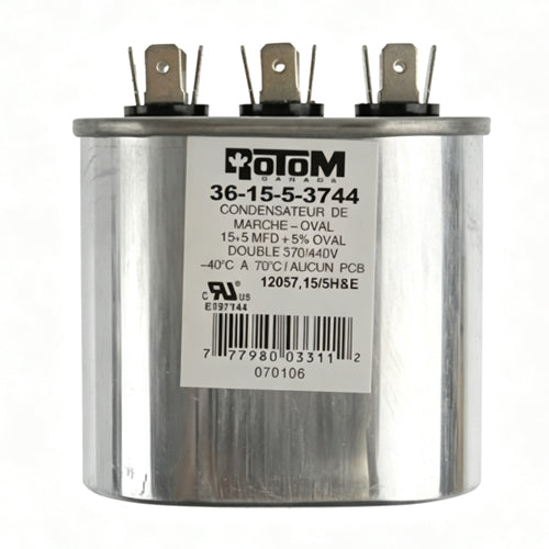 Rotom 36-15-5-3744, 12057, Oval Run Capacitor, 15/5 MFD, 370/440 Volt, 2.8'' W x 1.77'' D x 2.56'' H