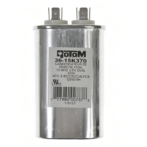 Rotom 36-15K370, 12010, Oval Run Capacitor, 15 MFD, 370 Volt, 2.03'' W x 1.24'' D x 2.76'' H