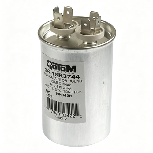Rotom 36-15R3744, Round Run Capacitor, 15 MFD, 370/440 Volt, 1.65'' Diameter, 3.15'' Height