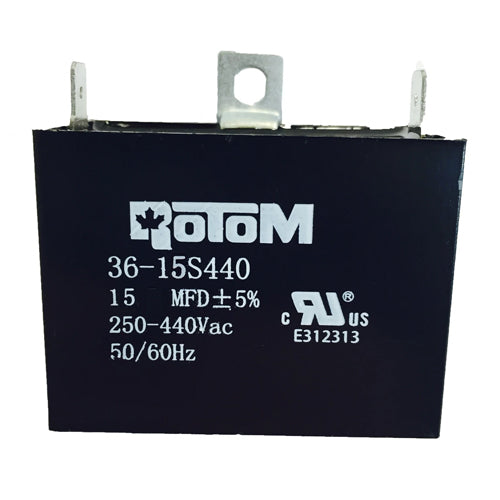Rotom 36-15S440, Square Run Capacitor, 15 MFD, 250-440 Volt, 50/60 Hz, 2.28'' W x 1.18'' D x 1.73'' H, Plastic Case