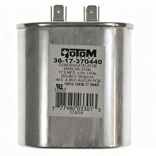 Rotom 36-17-370440, 12012, Oval Run Capacitor, 17.5 MFD, 370/440 Volt, 2.8'' W x 1.77'' D x 3.15'' H