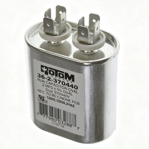 Rotom 36-2-370440, 12002, 12026, Oval Run Capacitor, 2 MFD, 370/440 Volt, 2.03'' W x 1.24'' D x 1.58'' H