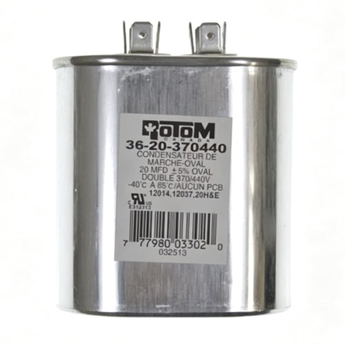Rotom 36-20-370440, 12014, 12037, Oval Run Capacitor, 20 MFD, 370/440 Volt, 2.8'' W x 1.77'' D x 3.15'' H