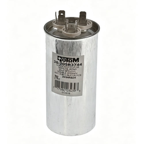 Rotom 36-205R3744, Round Run Capacitor, 20/5 MFD, 370/440 Volt, 1.97'' Diameter, 3.54'' Height