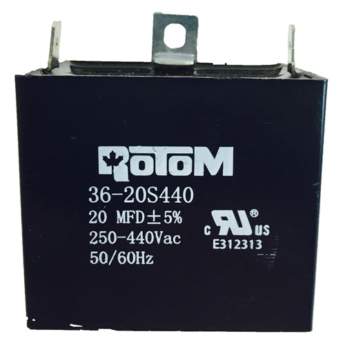 Rotom 36-20S440, Square Run Capacitor, 20 MFD, 250-440 Volt, 50/60 Hz, 2.28'' W x 1.54'' D x 1.97'' H, Plastic Case