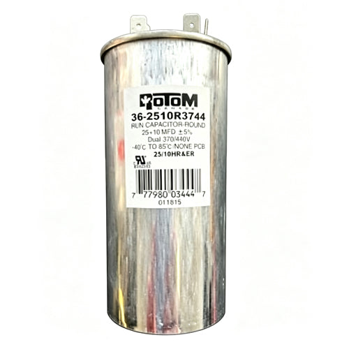 Rotom 36-2510R3744, Round Run Capacitor, 25/10 MFD, 370/440 Volt, 1.97'' Diameter, 4.16'' Height
