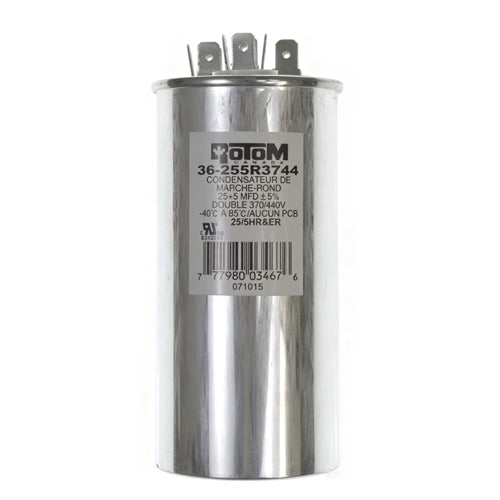 Rotom 36-255R3744, Round Run Capacitor, 25/5 MFD, 370/440 Volt, 1.97'' Diameter, 3.54'' Height